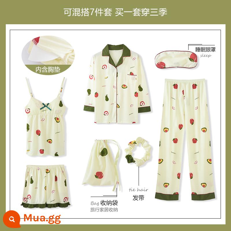 Yu Zhaolin 2022 bộ đồ ngủ bằng cotton nguyên chất dành cho nữ mới có đệm ngực dài tay mùa xuân và mùa thu bộ đồ bảy mảnh mùa thu dịch vụ tại nhà - YZL-XT9030