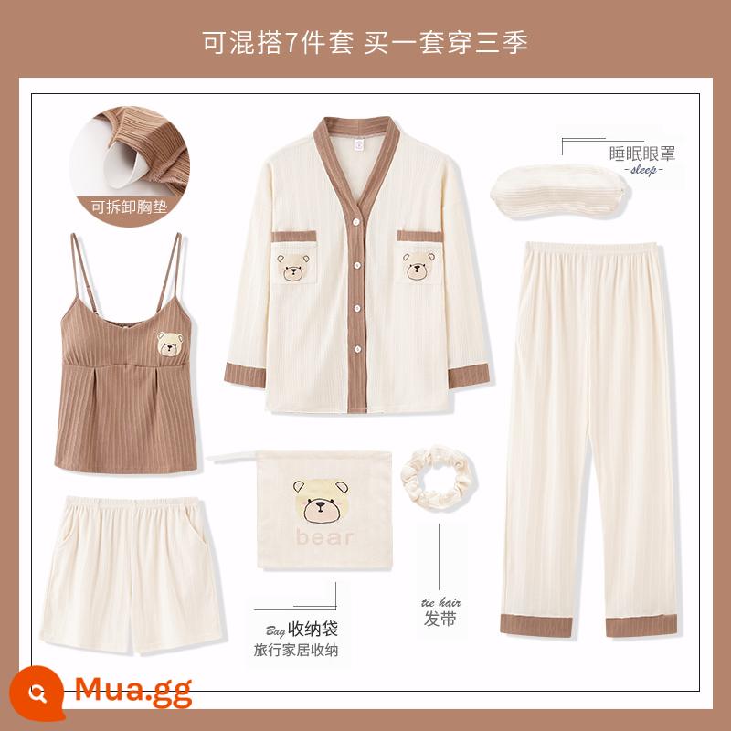 Yu Zhaolin 2022 bộ đồ ngủ bằng cotton nguyên chất dành cho nữ mới có đệm ngực dài tay mùa xuân và mùa thu bộ đồ bảy mảnh mùa thu dịch vụ tại nhà - YZL-XT2202