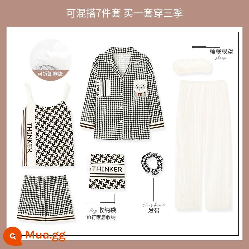 Yu Zhaolin 2022 bộ đồ ngủ bằng cotton nguyên chất dành cho nữ mới có đệm ngực dài tay mùa xuân và mùa thu bộ đồ bảy mảnh mùa thu dịch vụ tại nhà - Thiết kế YZL-XT2211