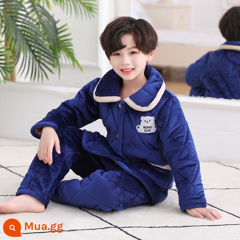 Bộ đồ ngủ trẻ em mùa đông dày bé trai và bé gái flannel cotton trẻ em nỉ san hô nhà đồng phục bóng chày - Ve áo màu xanh kim cương Gấu hải quân 09