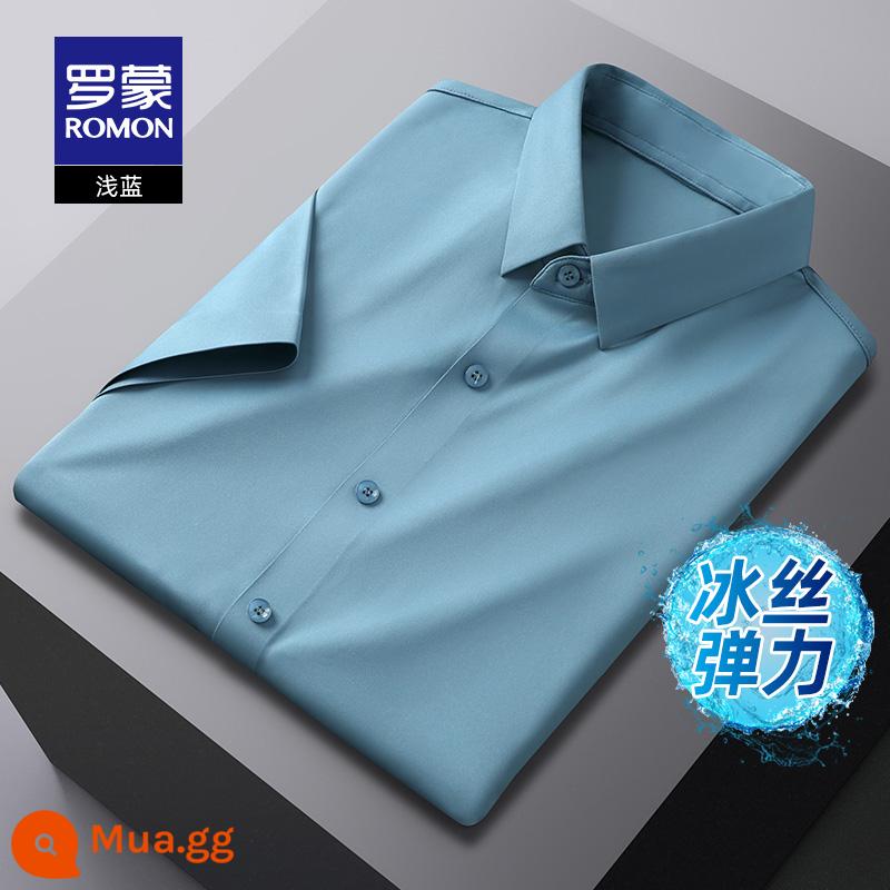 [Ice Silk Co Giãn] Áo Sơ Mi Romon Ngắn Tay Mùa Hè 2023 Mới Không Có Dấu Vết Ủi Miễn Phí Quần Áo Công Sở Nam - xanh nhạt