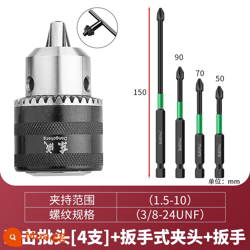 Máy khoan Dongcheng mâm cặp máy khoan điện chìa khóa cờ lê tự siết đầu chuyển đổi tự khóa máy khoan điện phụ kiện dụng cụ điện - [4 mũi va chạm]+3/8-24Mâm cặp cờ lê UNF (1,5-10)