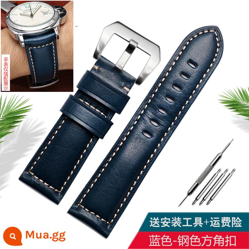 Thích hợp cho Panerai dây da màu xanh da trời PAM111 Diesel Jeep JEEP frosted da ngựa điên phụ kiện nam - Đã thêm da bò sáp cổ điển: khóa thép màu xanh