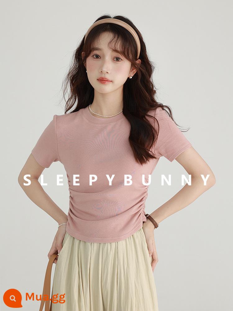 Sleepy Rabbit Cổ Tròn Trễ Vai Áo Thun Nữ Tay Ngắn Nữ Nhỏ Phong Cách Đơn Giản Eo Thon Ôm Ngắn Top - Màu hồng da