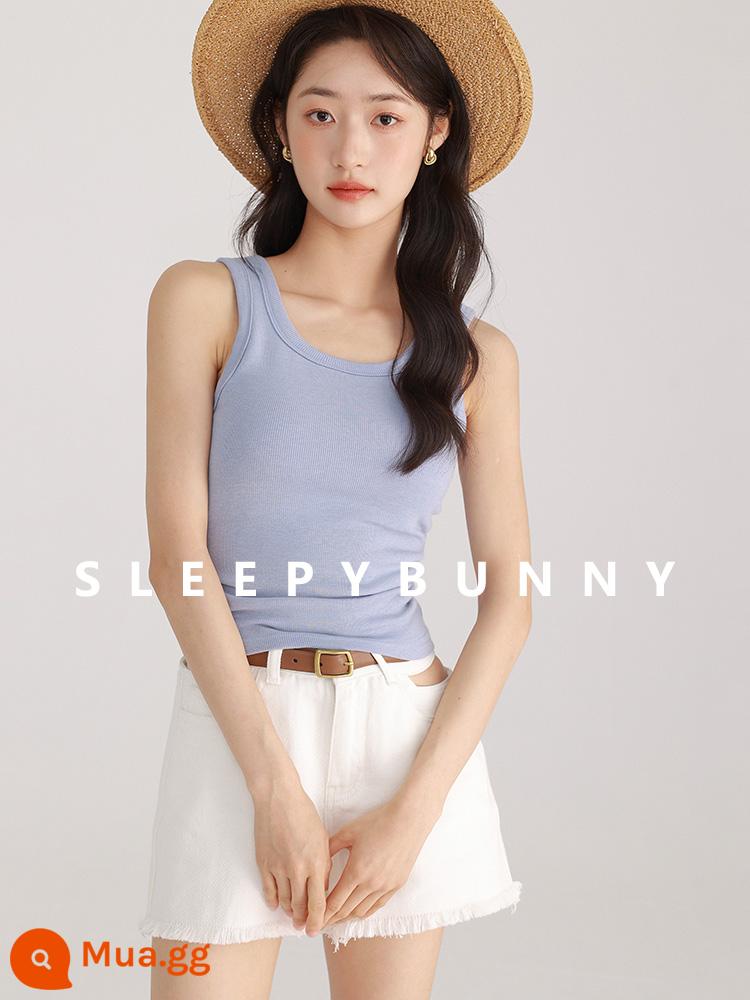 Buồn Ngủ Thỏ 1W + Cổ Vuông Nhỏ Áo Vest Nữ Mùa Hè Retro Slim Slim Đơn Giản Bên Trong Mặc Ngắn Yếm Top - Mẫu mùa hè xanh-có miếng lót ngực