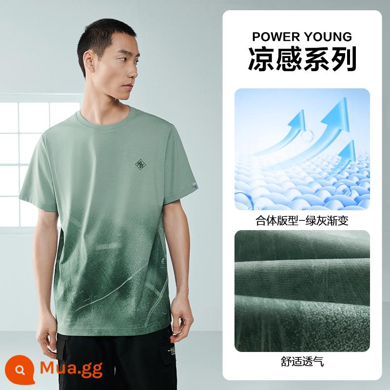 Áo thun ngắn tay HLA/Hải Lan House Tam Quốc 23 mùa hè mới thêu gradient cotton cổ tròn cặp đôi nam nữ áo thun ngắn - Cảm giác mát mẻ - gradient xanh xám DB