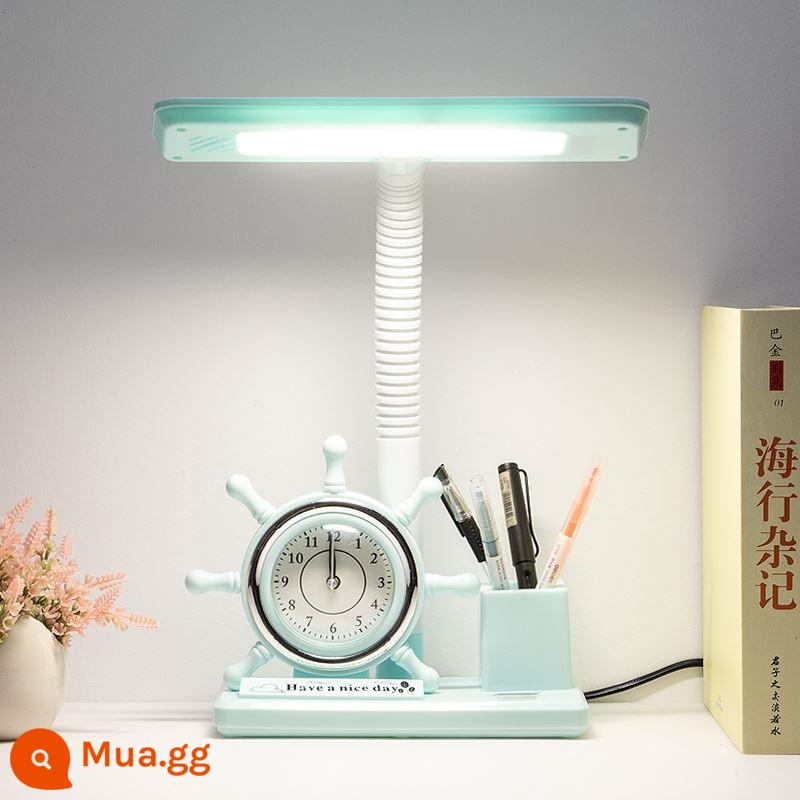 Đèn đồng hồ báo thức tất cả -in -one Girl Princess Eye Protection Light Learning Đặc biệt với mô hình sạc đồng hồ báo thức - Hộp đựng bút màu xanh Đồng hồ báo thức Plug-in Làm mờ ba màu