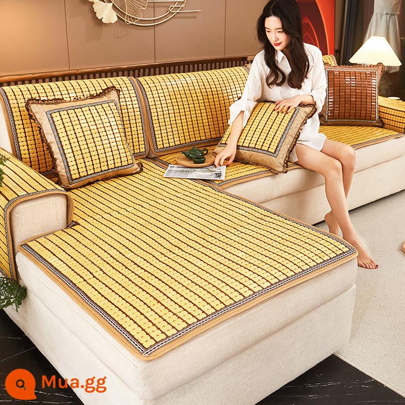 Sofa Mạt Chược Thảm Mùa Hè Đôi Sườn Mạt Chược 2022 Mới Thảm Tre Chống Trơn Trượt Ghế Sofa - Thảm mạt chược - viền vàng đôi gân hẹp