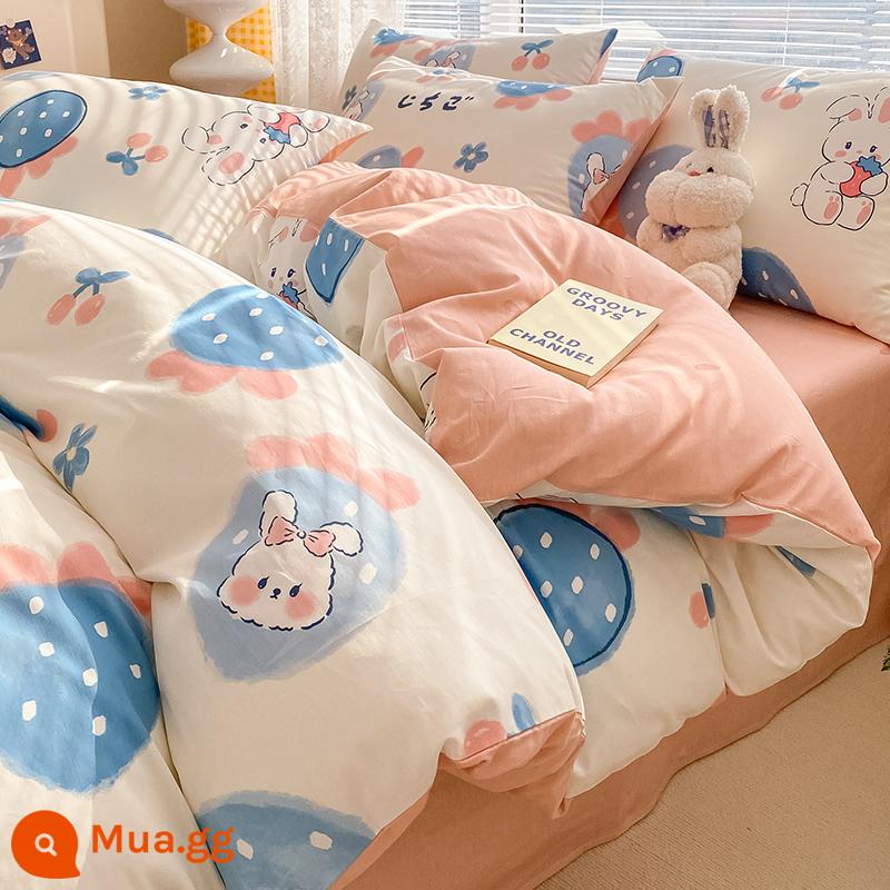 Ins hoạt hình cotton nguyên chất 100 cotton giường 4 bộ chăn ga gối dễ thương bé trai vỏ chăn 3 mảnh ga trải giường - thỏ việt quất