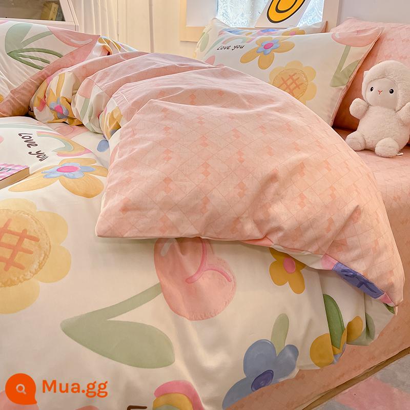 Phong cách Mỹ ins gió cotton nguyên chất 100 giường bộ bốn món cotton giường phong cách mục vụ sản phẩm chăn bông hoa bộ giường ba mảnh được trang bị tấm - Rainbow Garden [100% cotton chải kỹ, thân thiện với da và khỏa thân khi ngủ]