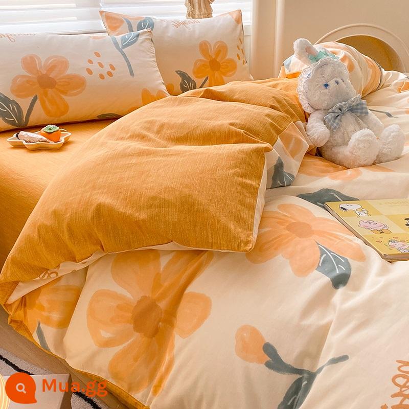 Ins nhỏ cotton tươi giường 4 món cotton 100 chăn ga gối đệm ký túc xá 3 mảnh giường cổ tích vỏ chăn trang bị tấm - Hoa cam