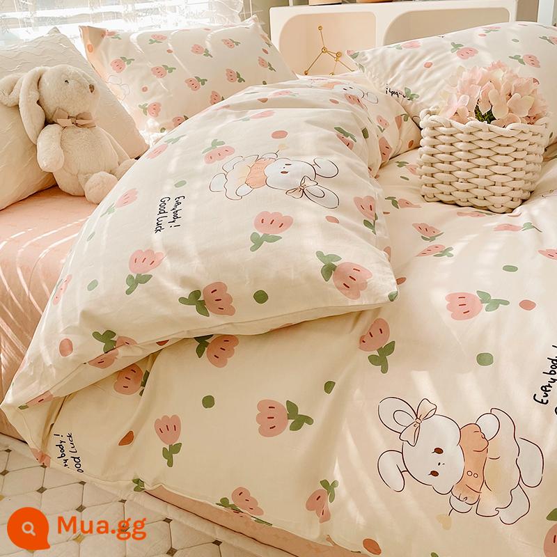 Ins Phong Cách Hoạt Hình Chăn Ga Gối Cotton Nguyên Chất Bộ 4 Món 100 Cotton Ký Túc Xá Sinh Viên Ga Giường Trang Bị Vỏ Chăn Bộ 3 Món - thỏ hoa tulip màu hồng