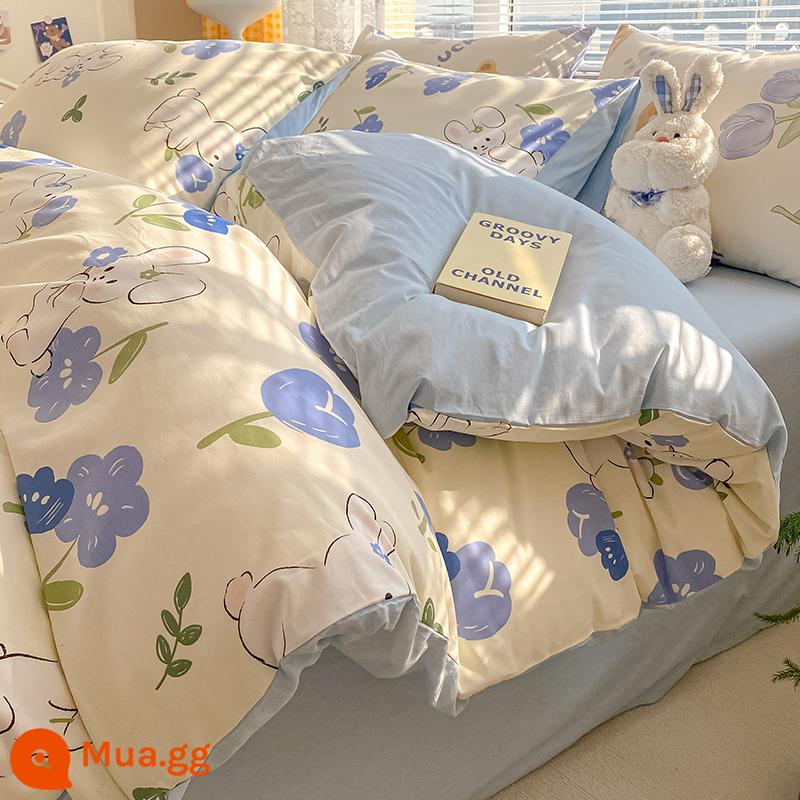 Ins hoạt hình cotton nguyên chất 100 cotton giường 4 bộ chăn ga gối dễ thương bé trai vỏ chăn 3 mảnh ga trải giường - Cuộc phiêu lưu của thỏ