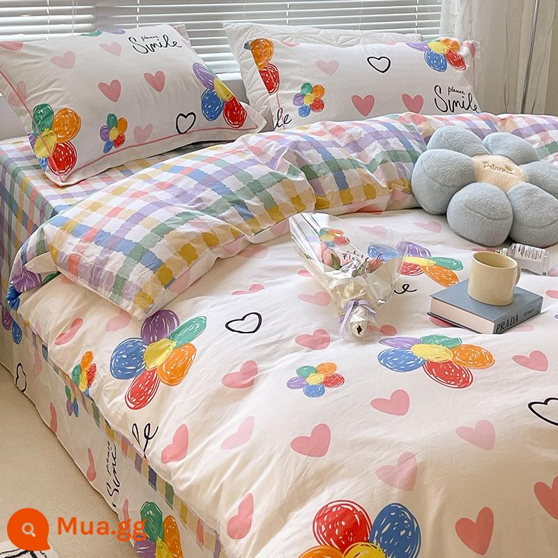 Ins nhỏ cotton tươi giường 4 món cotton 100 chăn ga gối đệm ký túc xá 3 mảnh giường cổ tích vỏ chăn trang bị tấm - tình yêu hướng dương