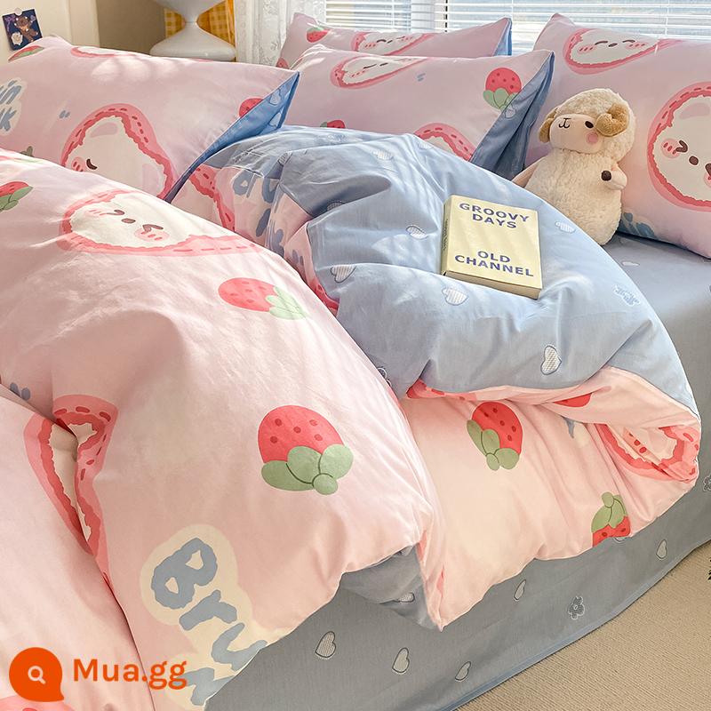 Ins hoạt hình cotton nguyên chất 100 cotton giường 4 bộ chăn ga gối dễ thương bé trai vỏ chăn 3 mảnh ga trải giường - Anne