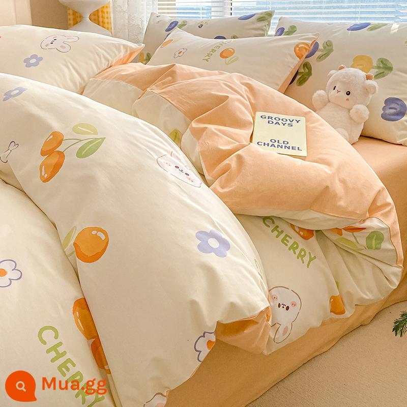 Ins hoạt hình cotton nguyên chất 100 cotton giường 4 bộ chăn ga gối dễ thương bé trai vỏ chăn 3 mảnh ga trải giường - Vitamin C Thỏ