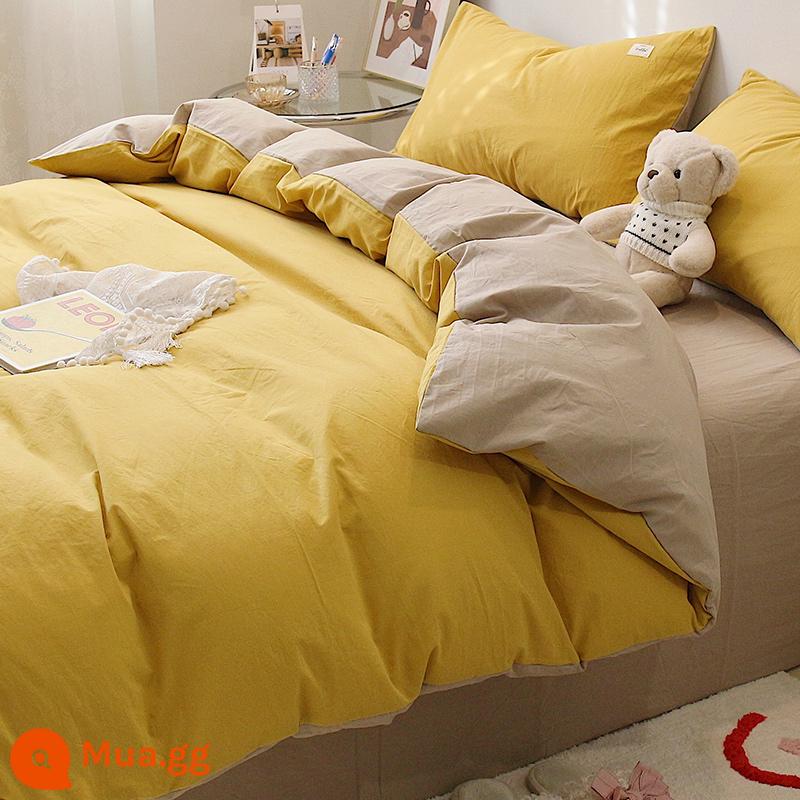 Đơn Giản Ins Phong Cách Cotton 100 Bông Giặt Giường Bốn Bộ Cotton Nguyên Chất Màu Vàng Vỏ Chăn Ga Gối 3 Bộ Giường Nam - kaki vàng