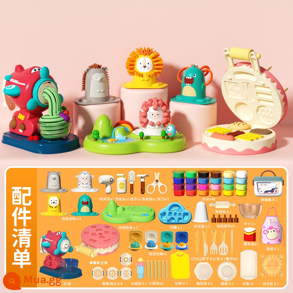 Hamburger plasticine không độc hại màu bùn trẻ em siêu nhẹ đất khuôn dụng cụ đất sét mô hình bé gái đồ chơi - 48 lon đất sét màu "Máy làm bánh mì kẹp thịt + Thiên đường thú cưng dễ thương + Máy làm mì + Hộp đựng" Bộ 150 món [Tạp dề miễn phí]