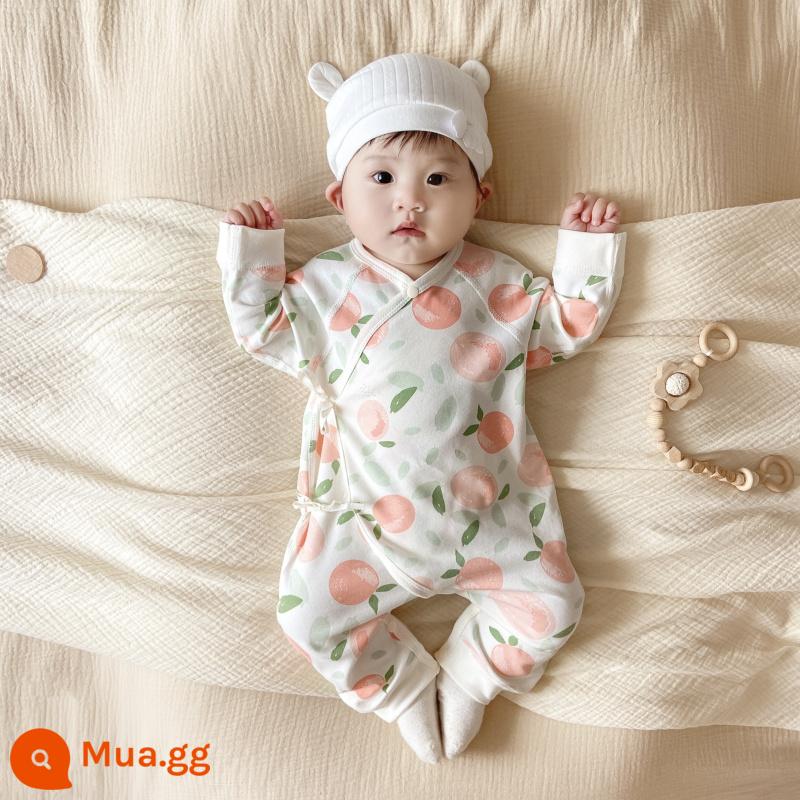 Quần áo trẻ em bốn mùa, xuân thu, áo liền quần bảo vệ bụng bé, bộ đồ cotton nguyên chất cho trẻ sơ sinh, áo nỉ dài tay, áo liền quần - Jumpsuit bảo vệ bụng màu hồng đào