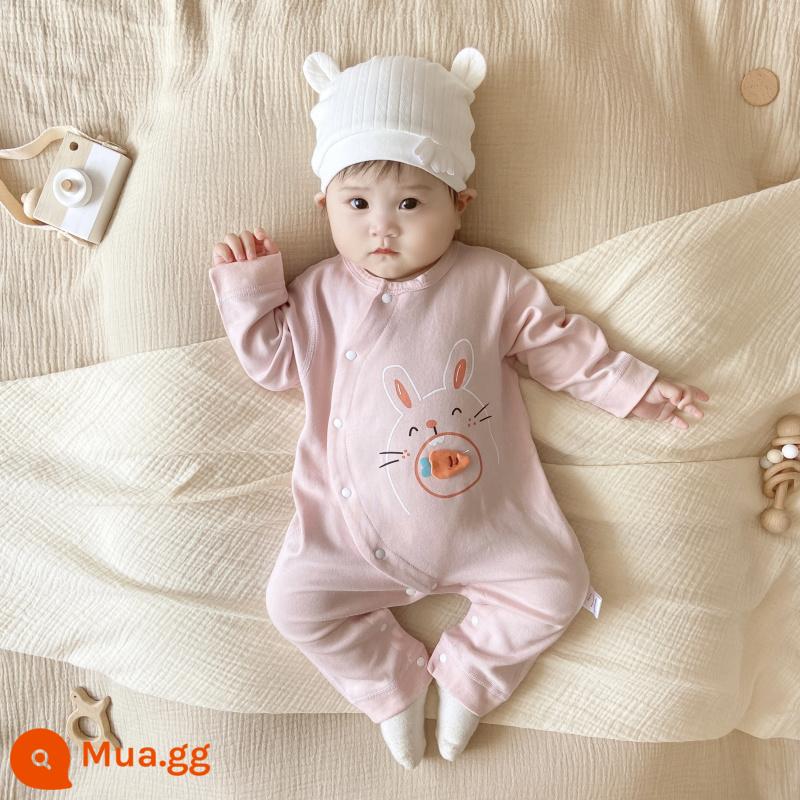 Bộ áo liền quần cotton nguyên chất cho bé, quần áo trẻ em mùa xuân thu, bộ áo liền quần dài tay hoạt hình bé trai và bé gái, quần áo trẻ mới biết đi cho tất cả các mùa - Bộ áo liền quần thỏ cà rốt ba chiều màu hồng