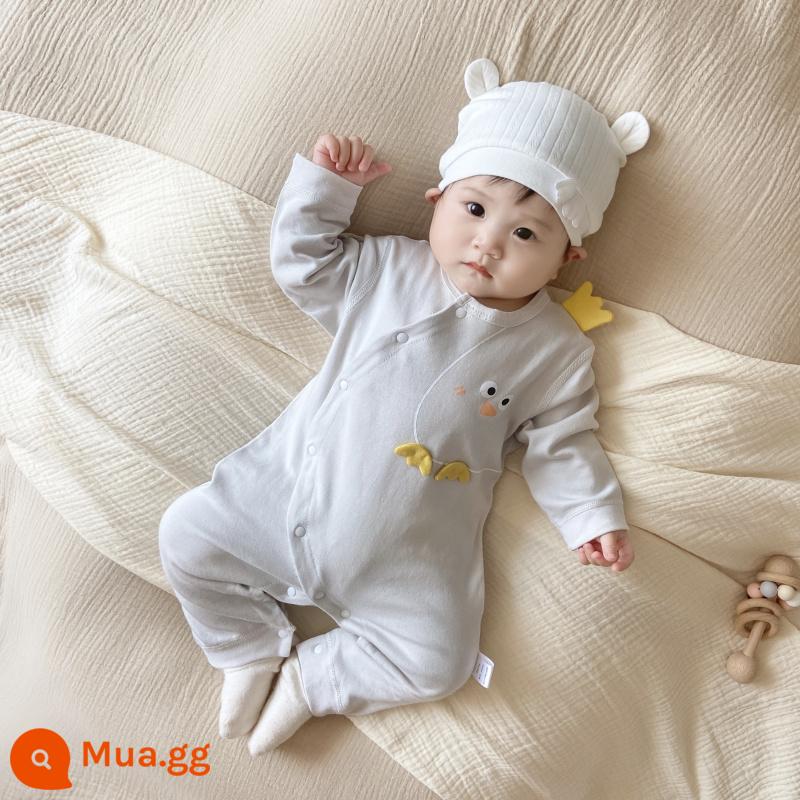 Bộ áo liền quần cotton nguyên chất cho bé, quần áo trẻ em mùa xuân thu, bộ áo liền quần dài tay hoạt hình bé trai và bé gái, quần áo trẻ mới biết đi cho tất cả các mùa - Bộ áo liền quần gà con ba chiều màu xám