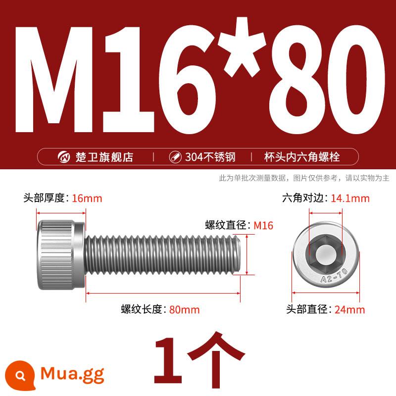 Thép không gỉ 304 cốc đầu lục giác vít đầu trụ vít nối dài 10mm bu lông M2M3M4M5M6M8 - M16*80 (1 cái)