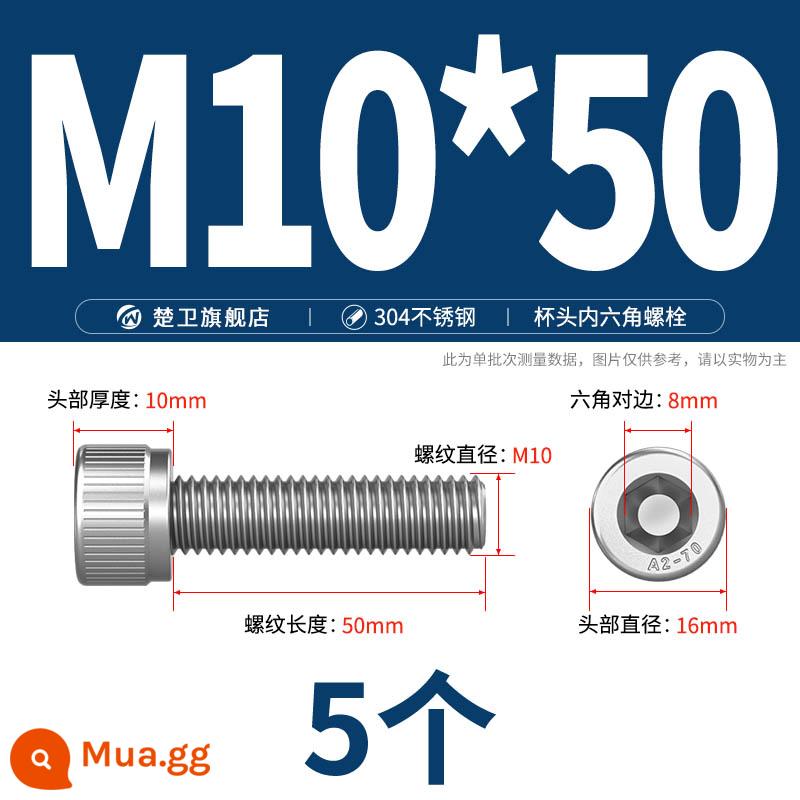 Thép không gỉ 304 cốc đầu lục giác vít đầu trụ vít nối dài 10mm bu lông M2M3M4M5M6M8 - M10*50 (5 cái)