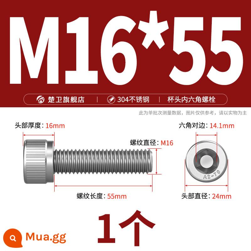 Thép không gỉ 304 cốc đầu lục giác vít đầu trụ vít nối dài 10mm bu lông M2M3M4M5M6M8 - M16*55 (1 cái)