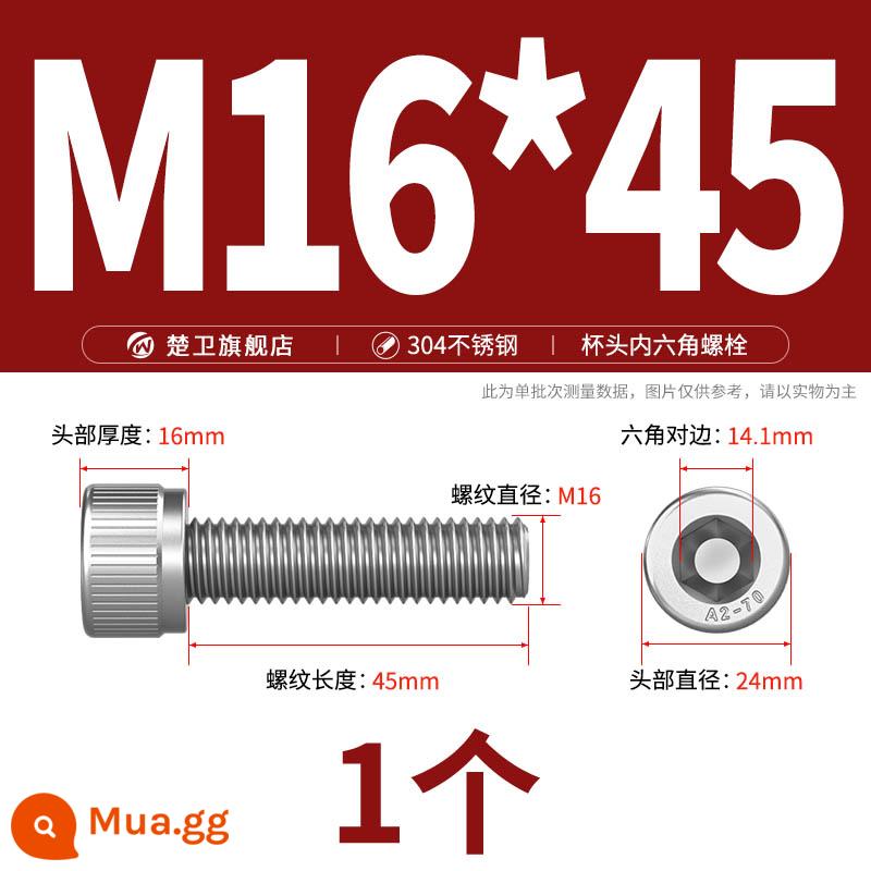 Thép không gỉ 304 cốc đầu lục giác vít đầu trụ vít nối dài 10mm bu lông M2M3M4M5M6M8 - M16*45 (1 cái)