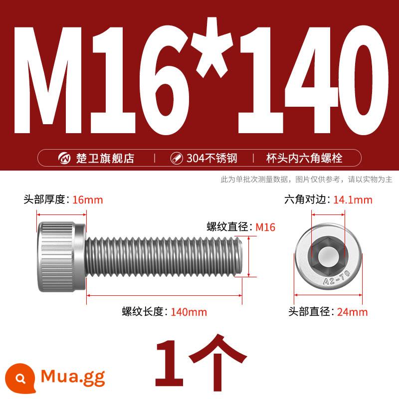 Thép không gỉ 304 cốc đầu lục giác vít đầu trụ vít nối dài 10mm bu lông M2M3M4M5M6M8 - M16*140 (1 cái)