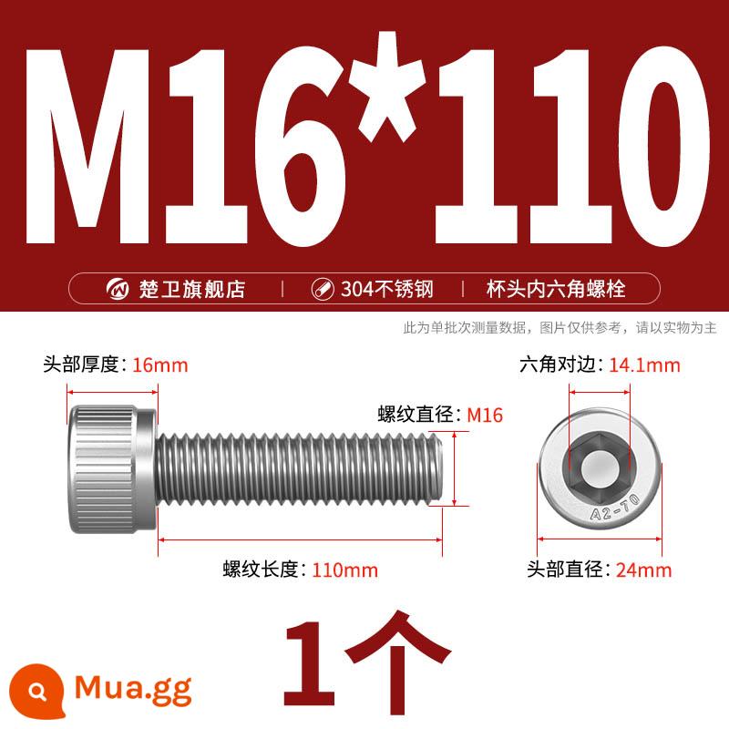 Thép không gỉ 304 cốc đầu lục giác vít đầu trụ vít nối dài 10mm bu lông M2M3M4M5M6M8 - M16*110 (1 cái)