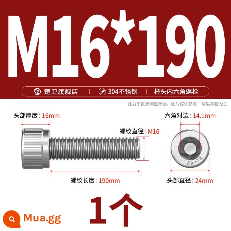 Thép không gỉ 304 cốc đầu lục giác vít đầu trụ vít nối dài 10mm bu lông M2M3M4M5M6M8 - M16*190 (1 cái)