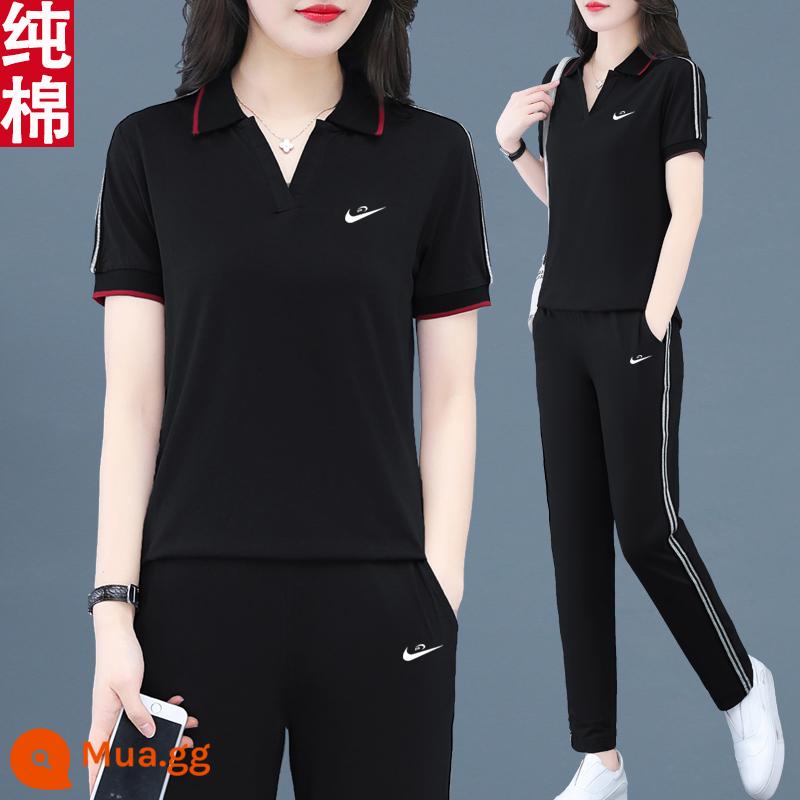 Trang web chính thức quần áo thể thao có ve áo phù hợp với phụ nữ mùa hè 2023 mới cotton slim quần ngắn tay giản dị hai mảnh - đen