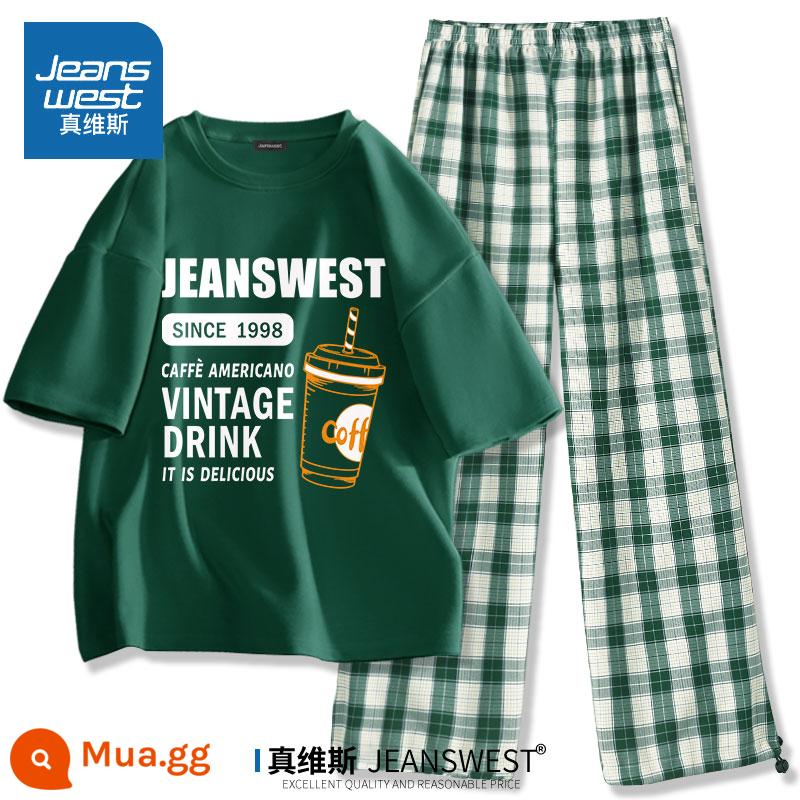 Jeanswest giản dị bộ đồ thể thao nữ mùa hè học sinh trung học cơ sở áo thun ngắn tay quần kẻ sọc mùa hè 2 PC - Xanh đậm (z cốc cà phê) + quần xanh đậm (trống)