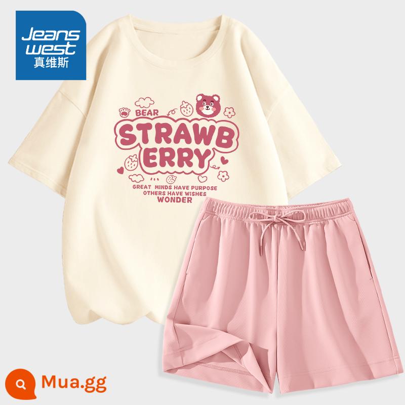 Bộ đồ thể thao Jeanswest mùa hè nữ mùa hè 2023 cotton mới ngắn tay băng lụa quần short giản dị PC hai mảnh - Màu trắng sữa (ký tự dâu tây) + quần hồng (màu trơn)