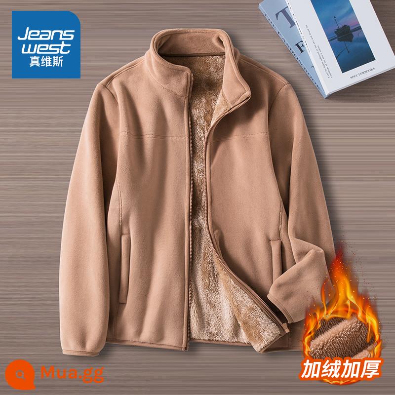 Áo khoác nhung cừu Jeanswest dành cho nữ trong mùa thu đông nhung dày 2 mặt cardigan của cặp đôi áo khoác lông cừu lót chữ T cotton dày - Nam giới màu nâu