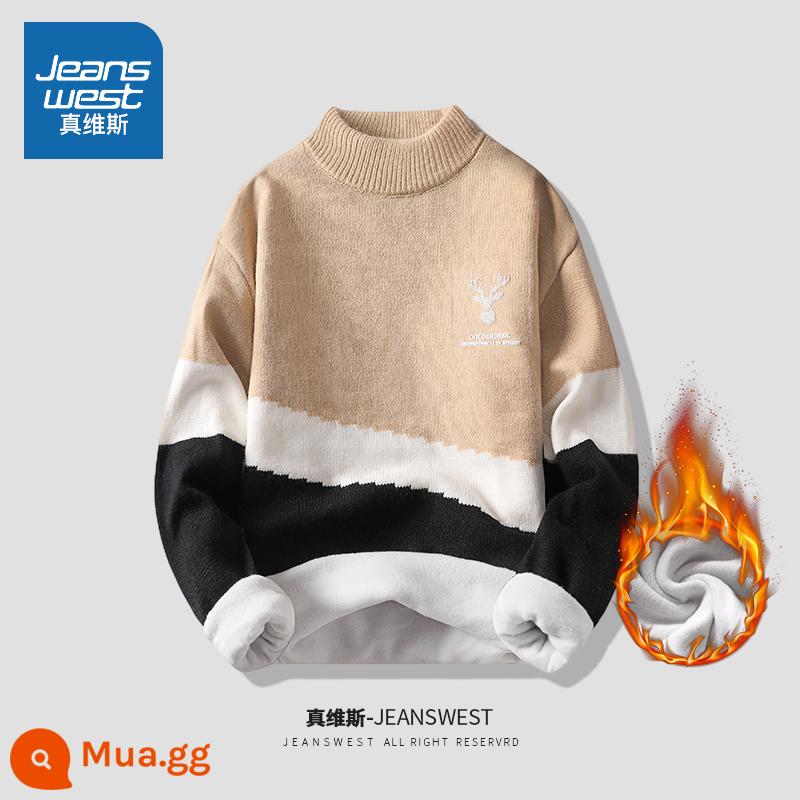 Jeanswest áo len nam mùa thu đông Plus nhung dày ấm giữa cổ cao thanh niên đáy áo sơ mi quần áo mùa đông - 66666 kaki cộng với nhung