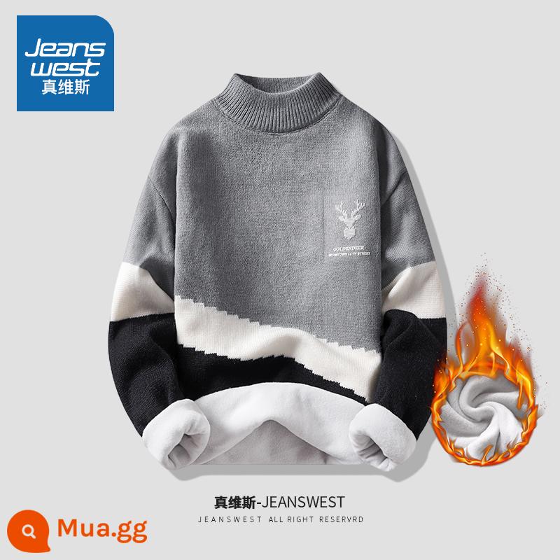 Jeanswest áo len nam mùa thu đông Plus nhung dày ấm giữa cổ cao thanh niên đáy áo sơ mi quần áo mùa đông - 66666 màu xám cộng với nhung