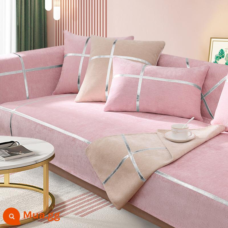 Mùa đông chenille màu hồng sofa đệm ánh sáng sang trọng bốn mùa phổ chống trượt hiện đại tối giản bọc da bao vải - BBG-Green Flame-Silver Edge-Cornus Powder