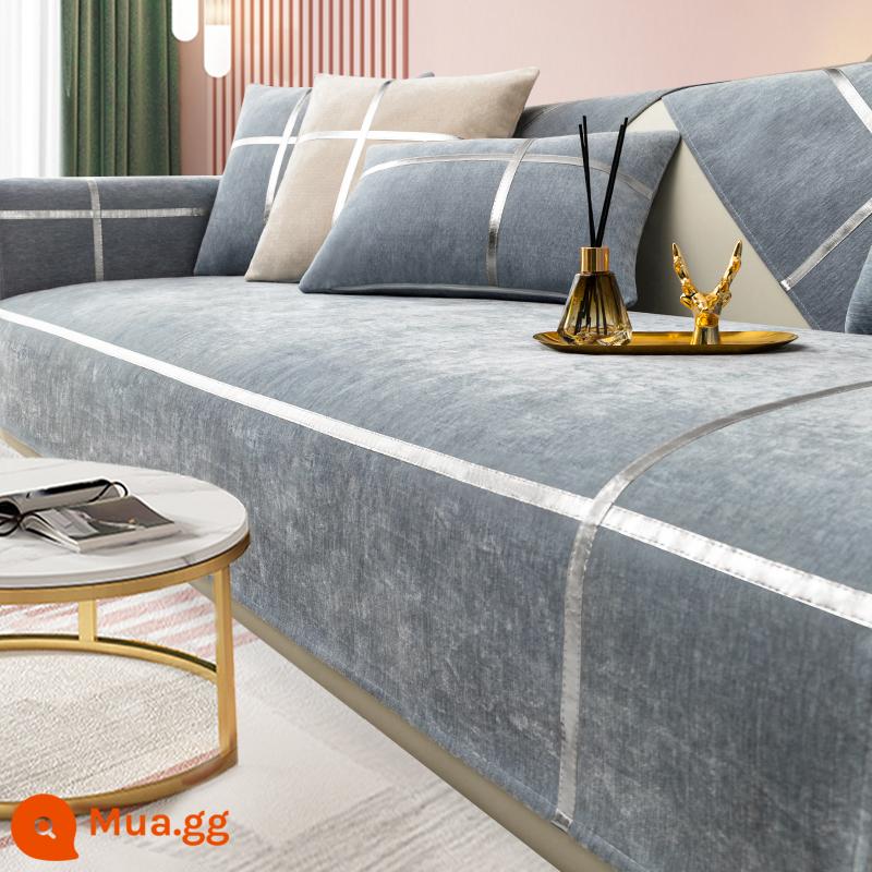 Mùa đông chenille màu hồng sofa đệm ánh sáng sang trọng bốn mùa phổ chống trượt hiện đại tối giản bọc da bao vải - BBG-Xanh ngọn lửa-Bạc cạnh-Xám khói