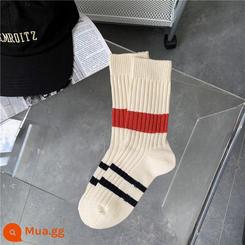 Vớ CrazySox Vớ thể thao kẻ sọc dày cho nữ Vớ ống giữa cotton dày kim ins hợp thời trang đường phố Nhật Bản vớ bong bóng - sọc rộng màu trắng đỏ