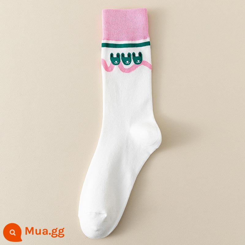 Tất sọc màu CrazySox dành cho nữ, tất lót thỏ hoạt hình trừu tượng, tất thời thượng, tất cotton dài vừa phải, tất cotton phong cách Nhật Bản - Trắng 1 đôi