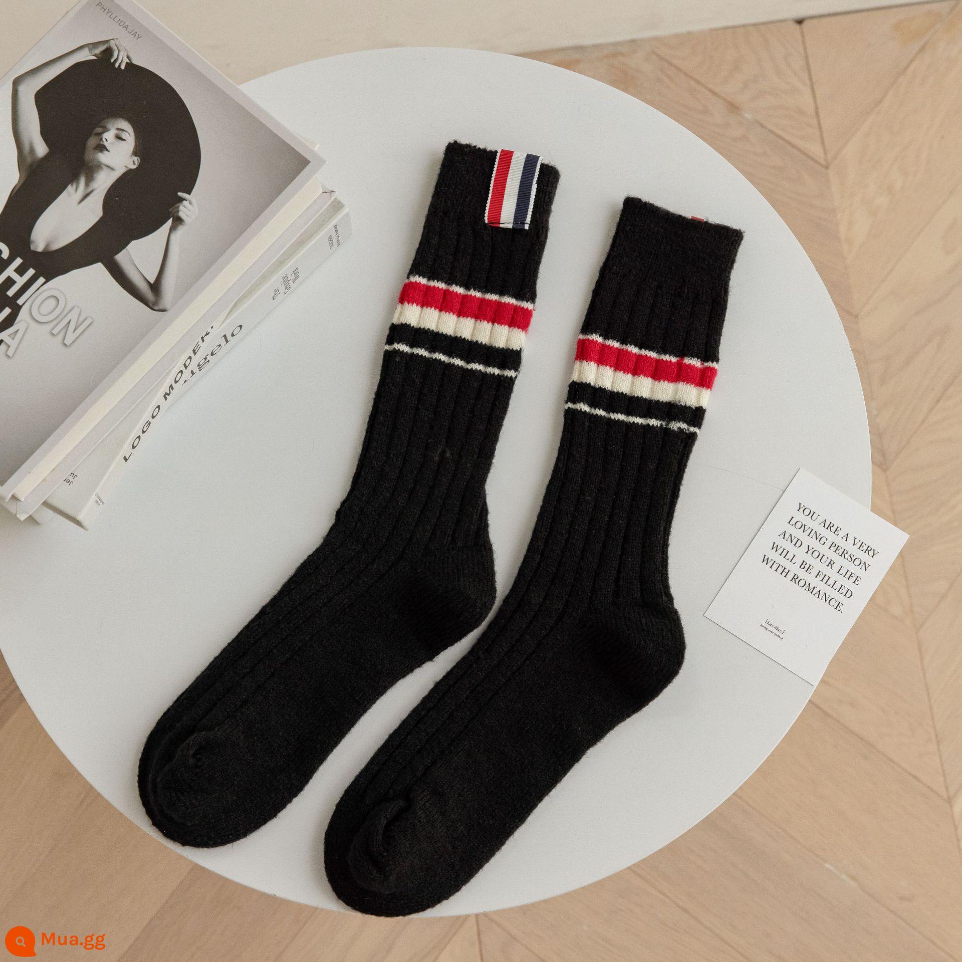 CrazySox rời mùa thu và mùa đông cashmere giữa ống tất nữ sọc nhãn bong bóng tất dày ấm vớ - Màu đen cỡ 38-43