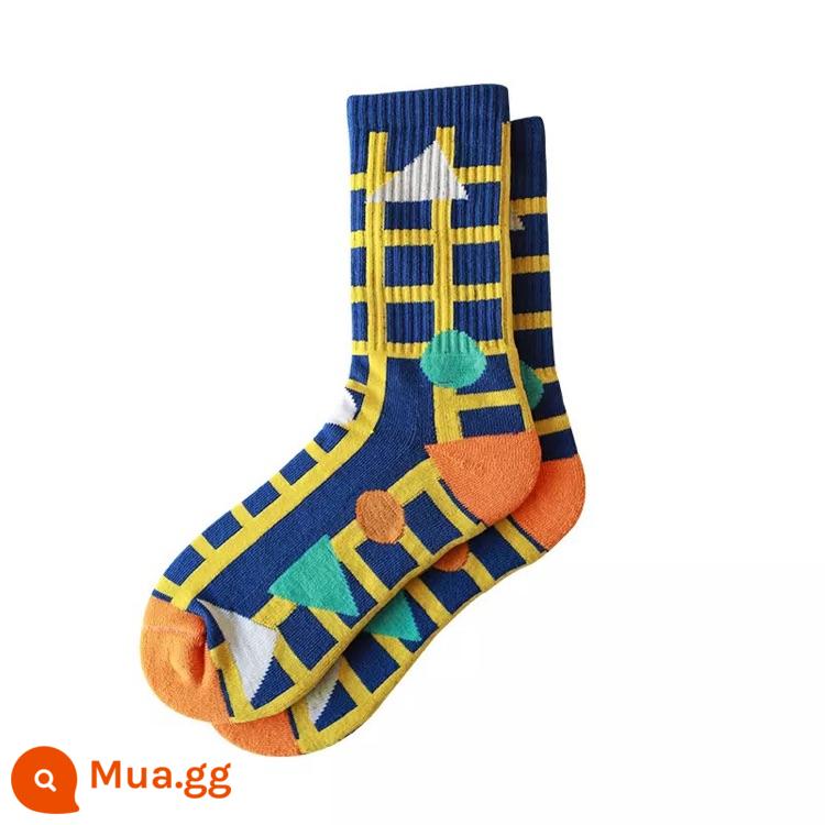 Dòng sản phẩm tất bông có hoa văn CrazySocks tất thể thao tất cả các trận đấu theo xu hướng đường phố tất ống giữa dành cho nam và nữ - hình vuông tam giác màu xanh vàng