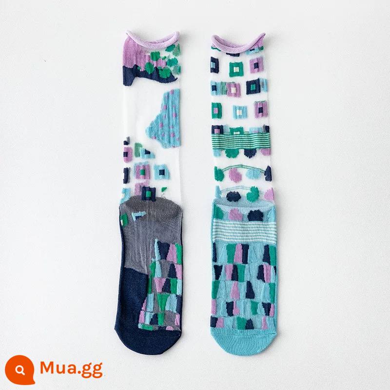 CrazySox tất nghệ thuật mới của Pháp dành cho nữ, tất thủy tinh bất đối xứng mỏng AB, tất dài đến giữa bắp chân cho nữ - Kẻ sọc xanh đứt quãng