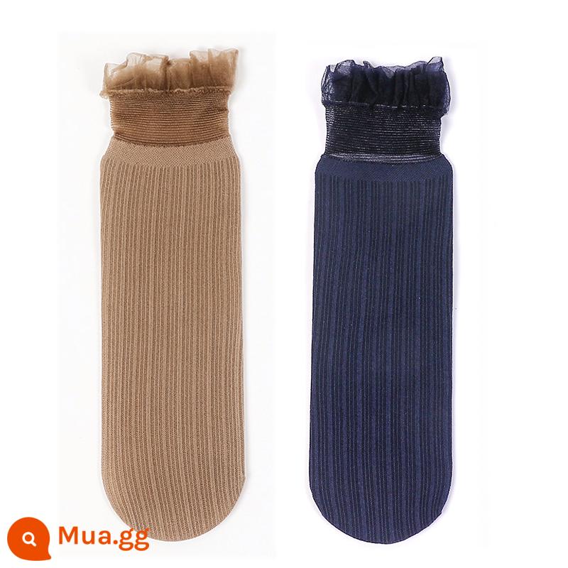 CrazySox hai đôi vớ mỏng của phụ nữ phiên bản Hàn Quốc dễ thương của vớ pha lê ống giữa ins vớ ren hoa loli - Cà phê đậm + xanh navy 2 đôi