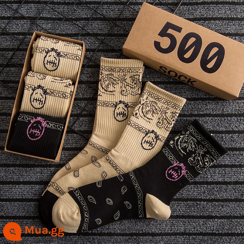 CrazySocks Ba Đôi Tất Dành Cho Nam Thiết Kế Ban Đầu Barb Nhăn Nhó Hoa Điều Ống Dài Tất Thể Thao Dành Cho Nữ - 2 cặp mặt kaki + 1 cặp mặt đen