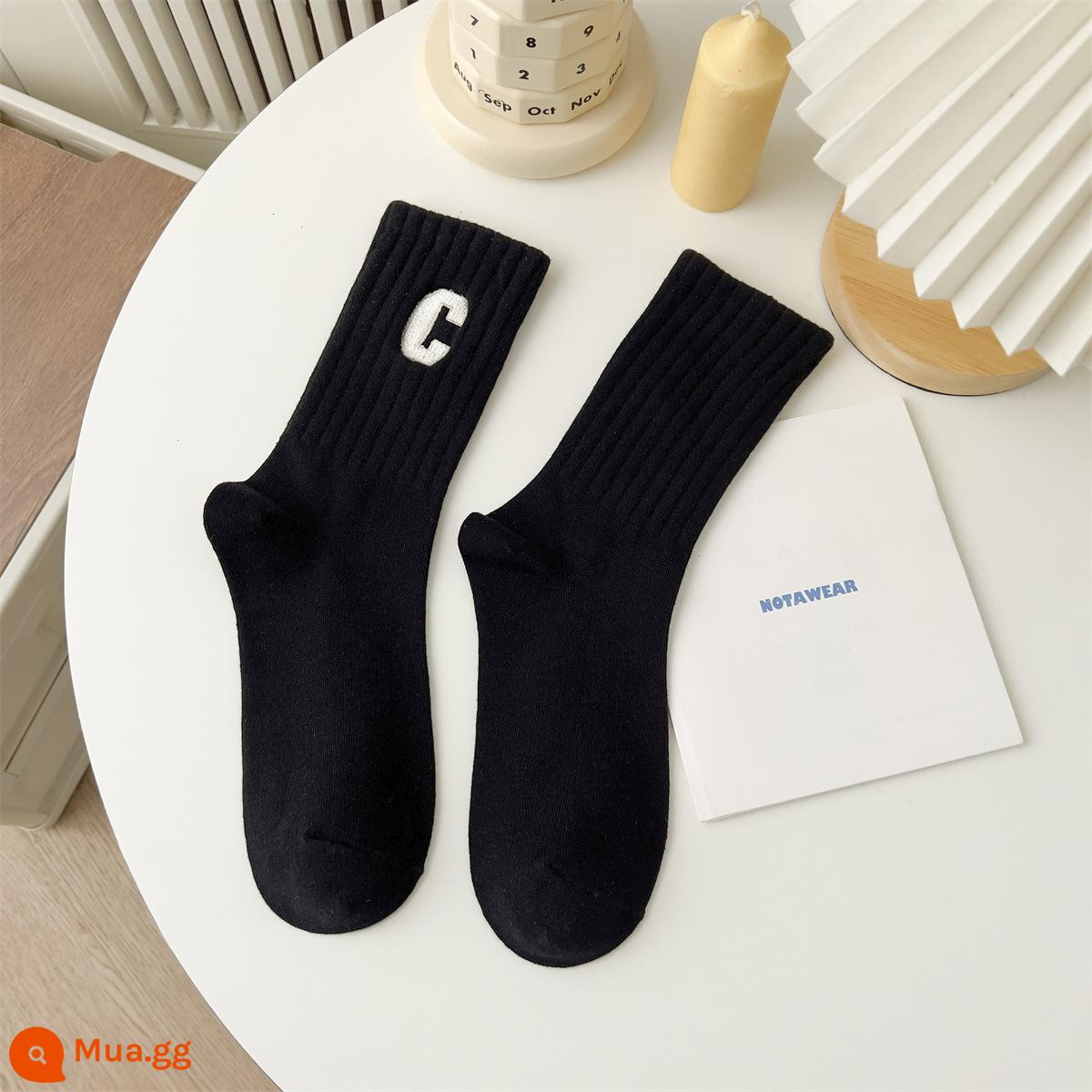 CrazySox Hàn Quốc Tất Nữ Cotton Chải Kỹ Thêu Chữ Big C Đại Học Gió Thể Thao Ins Tất - đen