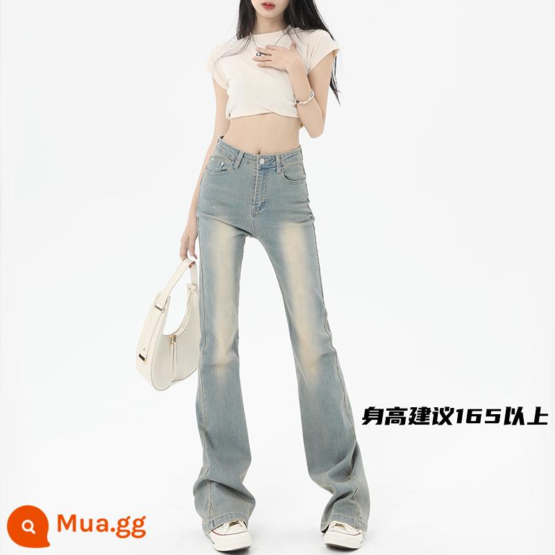 Quần jeans ống loe kiểu Mỹ cho nữ 2024 mới xuân thu dáng ôm co giãn theo phong cách cổ điển nhỏ nhắn ống loe màu sáng - màu xanh sương mù[mở rộng]