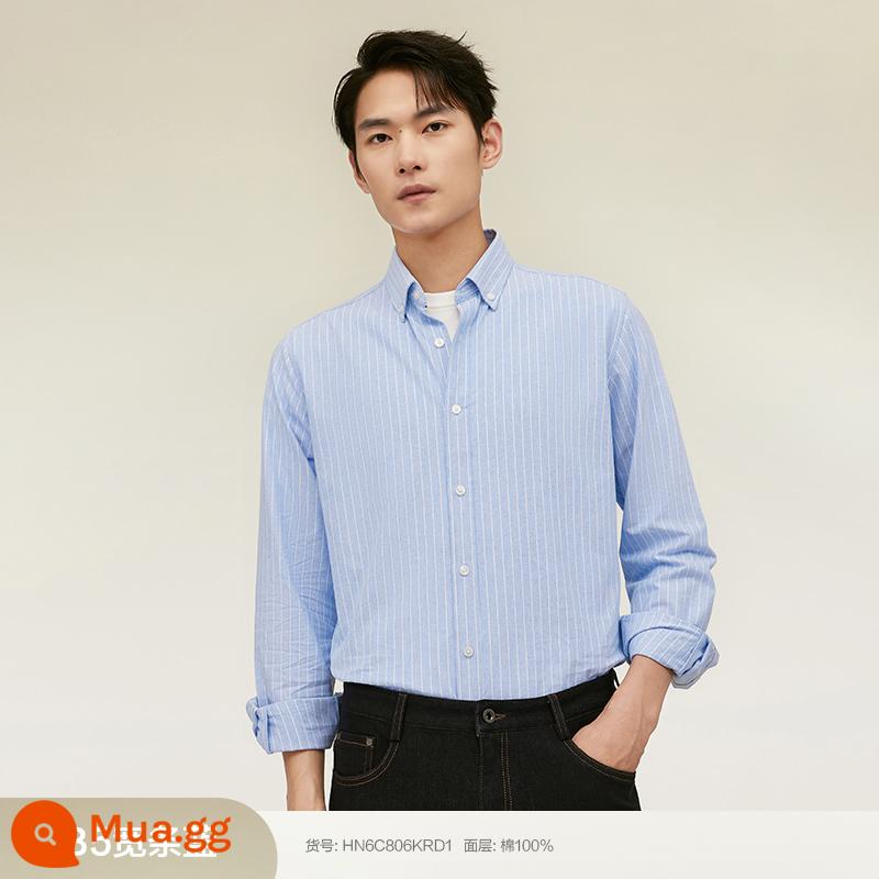 [100% Cotton] Áo Sơ Mi Đậu Đỏ Nam Dài Tay Mùa Xuân Mới Phong Cách Doanh Nhân Sọc Oxford Áo Sơ Mi Trắng - B5 sọc xanh xuân rộng